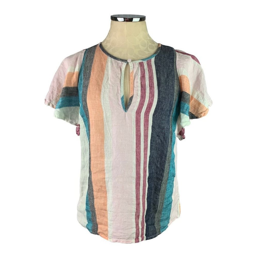 6 J.Crew Mixed Linen Stripe Short Ruffle Sleeve Women's Top Blouse AL091